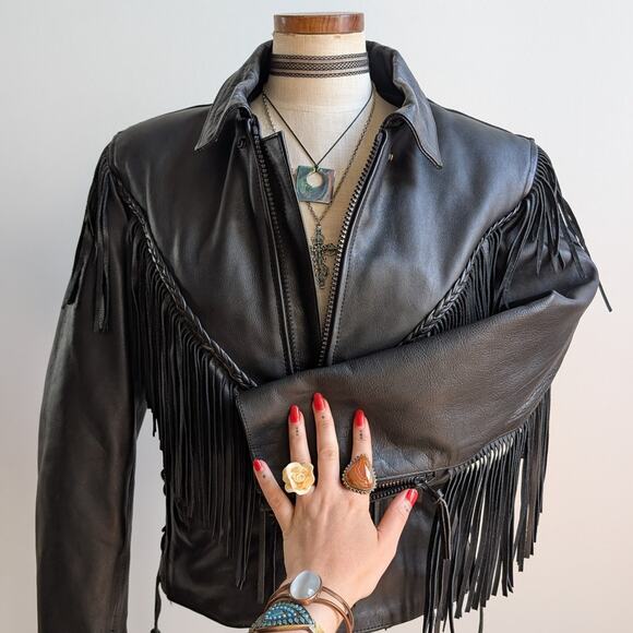 Vintage Black Leather Biker Jacket Fringe Sexy Moto Cowgirl Western Coat Small - Picture 8 of 12